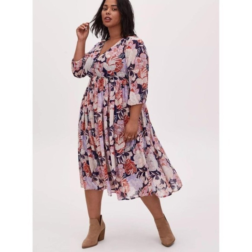 Torrid Floral V-Neck Empire Waist Midi Dress Purple Orange 3/4 Sleeve Plus Size